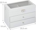 Witte brillenkoker met glasplaat en metalen sluiting, afmetingen 22,5 x 33,5 x 19 cm.