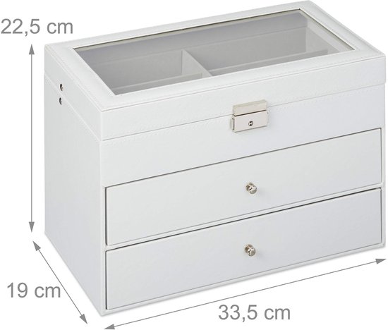 Witte brillenkoker met glasplaat en metalen sluiting, afmetingen 22,5 x 33,5 x 19 cm.