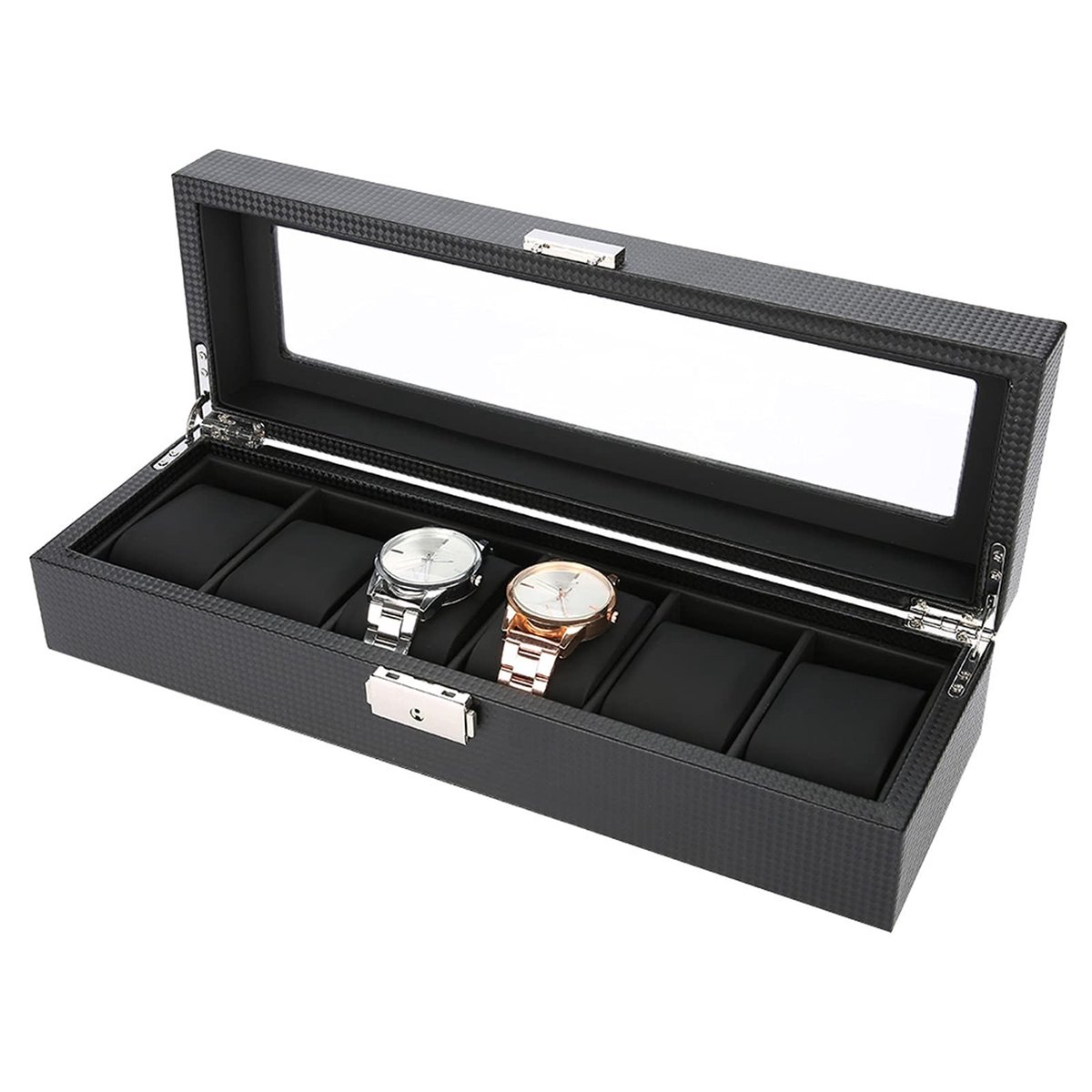 Omgoods- Horlogedoos 6 Horloges - PU Leer - Houten Vitrine - Sieraden Opbergdoos - Displaybox - Duurzaam en Stevig - Horlogekast