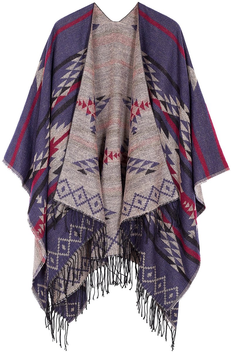 Omgoods - Boho Poncho voor Dames met Franjes in Blauw