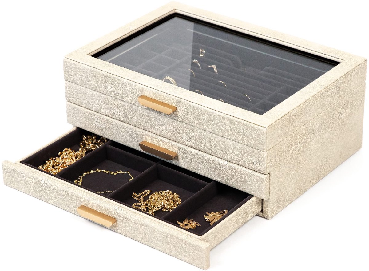 Omgoods - Luxe 3-Laags Sieradenbox met Glazen Deksel