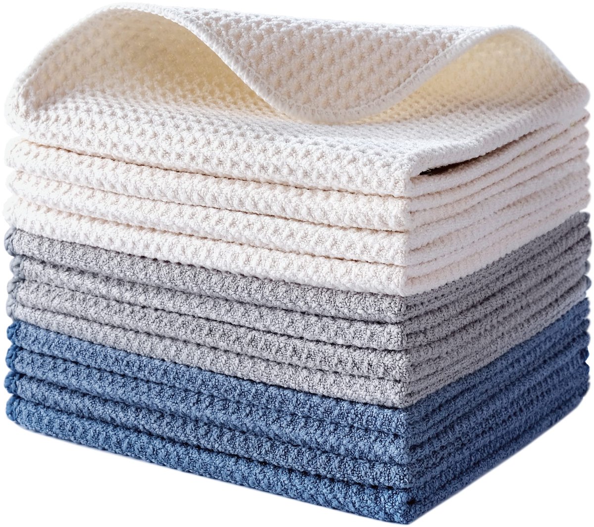 Omgoods - Premium Microfibre Keukendoeken - Wafelpatroon - Set van 12 - Donkerblauw, Grijs, Off White - 31 x 31 cm
