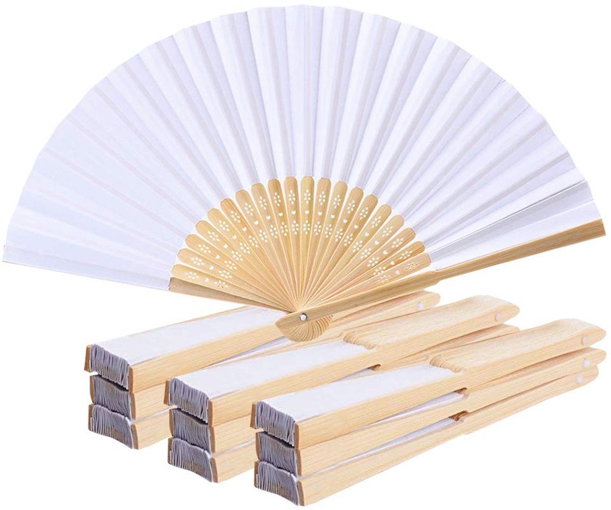 Omgoods - Set van 10 Witte Bruidsventilatoren van Papier en Hout