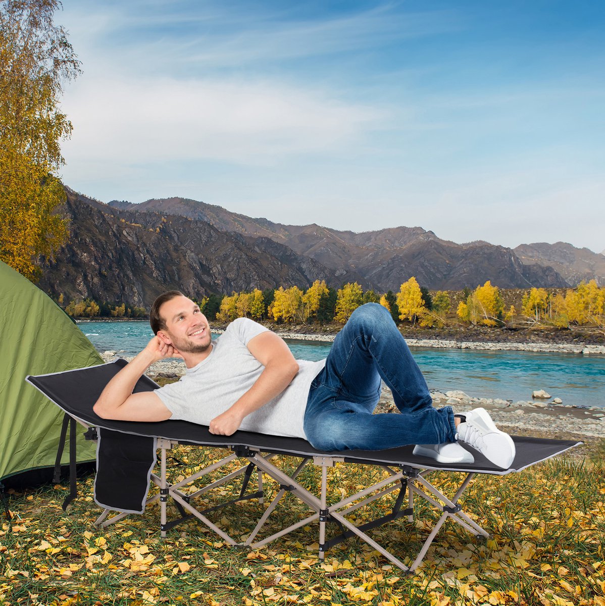 MODENUIT Veldbed 190 x 68 x 52 cm - Opvouwbaar Met Draagtas - Voor Kamperen En Buiten - Polyester Zwart