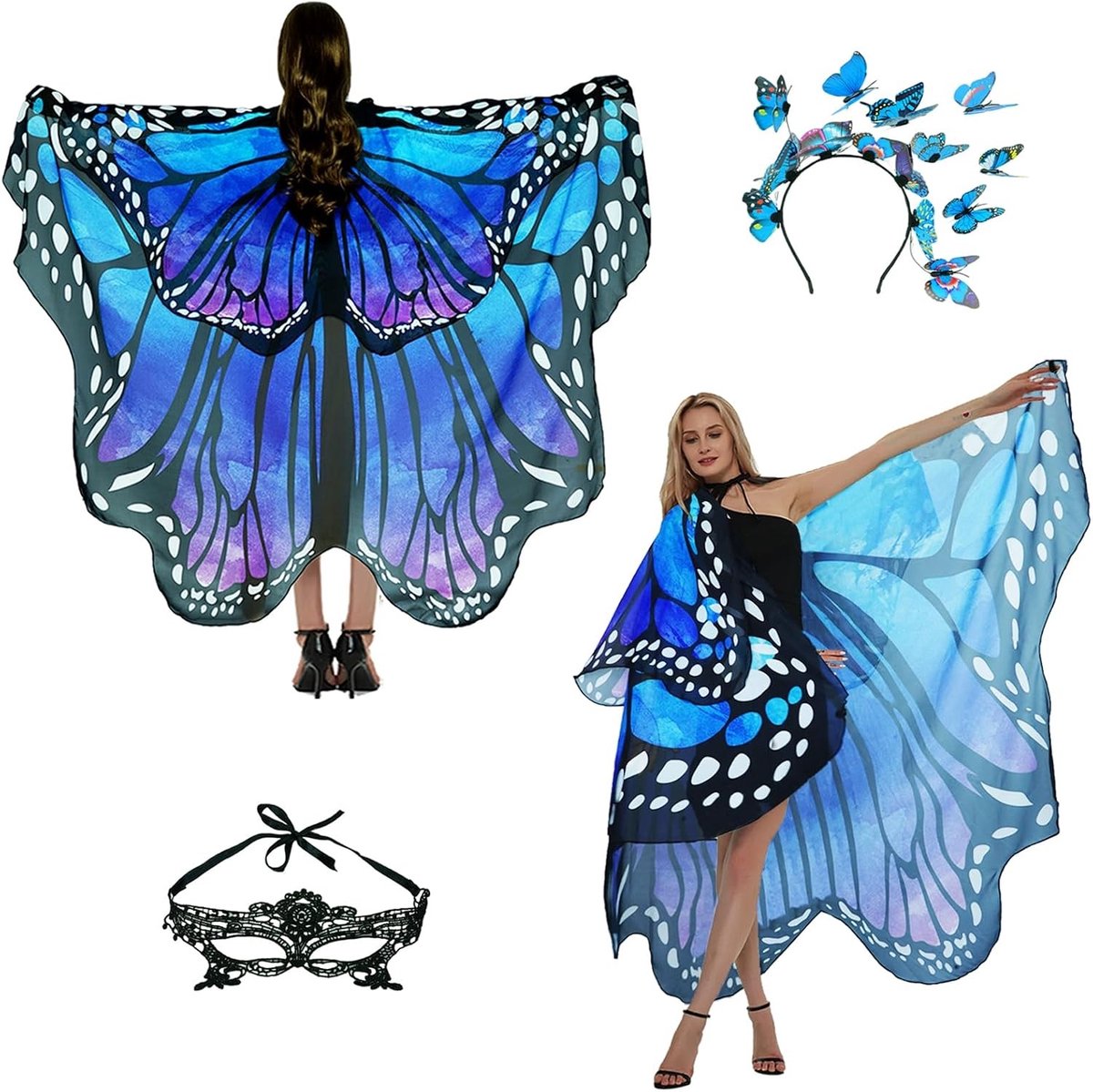 Vrouwelijk Vlinder Kostuum met Vleugels en Accessoires voor Carnaval en Feestjes - Inclusief Hoofdband en Gezichtsmasker
