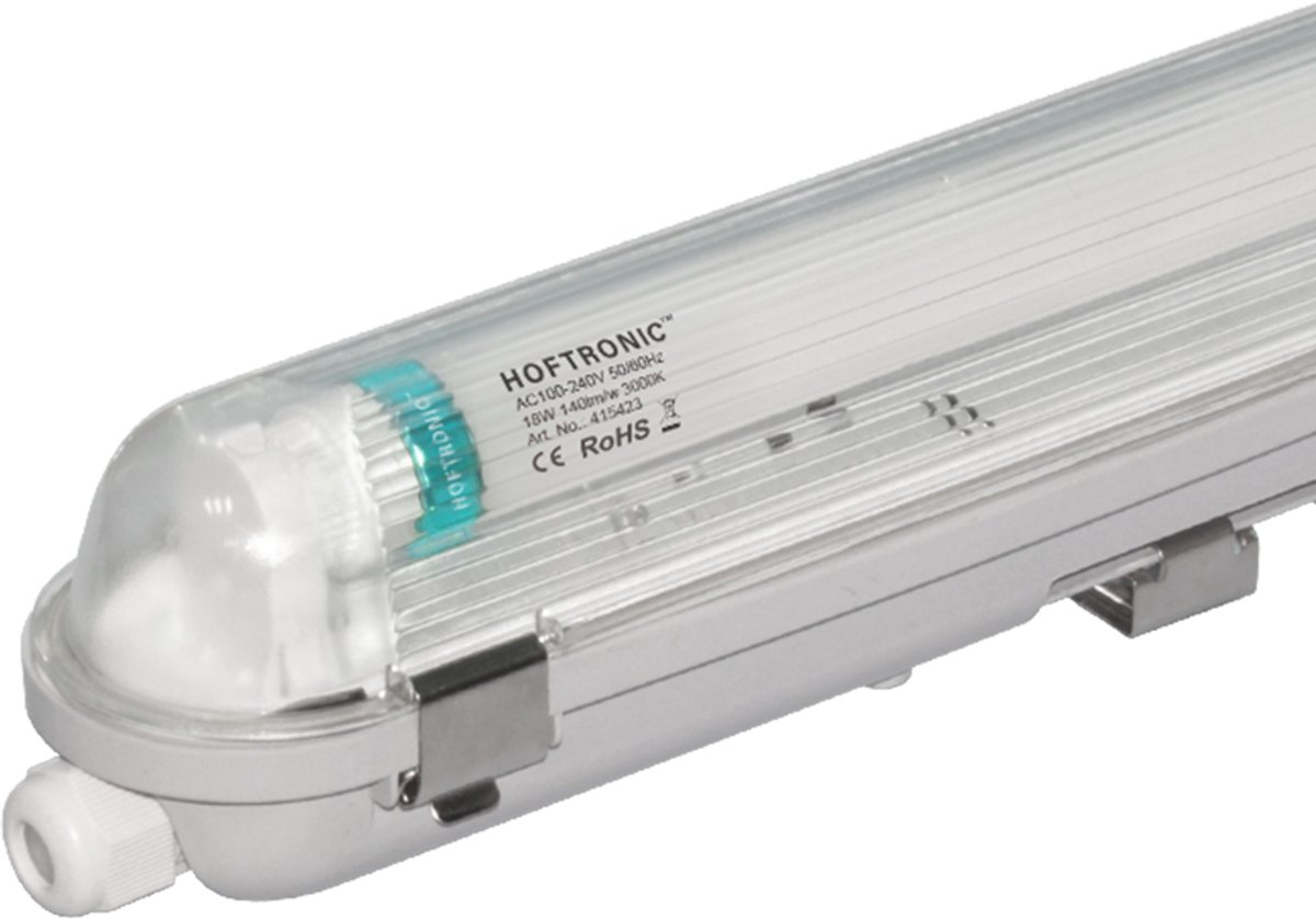 HOFTRONIC LED TL armatuur 120cm - T8 (G13) - 18 Watt 2520 lumen (140lm/W) - 3000K warm wit (830) - Koppelbaar - Flikkervrij - IP65 Waterdicht - LED TL Lamp Transparant