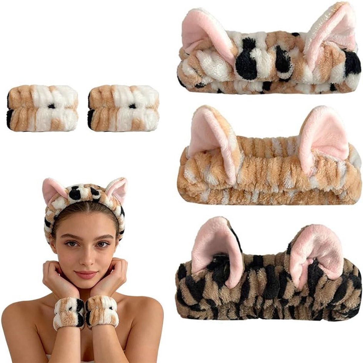 Gezichtsreiniging Hoofdband - Make-up Haarband Polsbanden - Schoonheidsroutine - Zacht Koraalfleece - 3 stuks - Roze