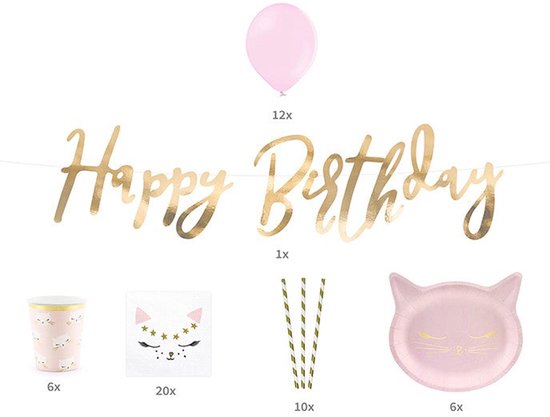 Een compleet roze kattenfeestpakket met 12 ballonnen, 1 gouden "Happy Birthday" slinger, 6 bekers, 20 servetten, 10 rietjes en 6 kattenbordjes.