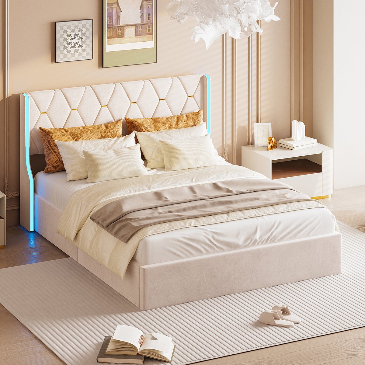 Volwassen bed tweepersoonsbed 160x200 cm, opbergbed met led hoofdbord en lattenbodem, luxe fluwelen bedframe beige, zonder matras