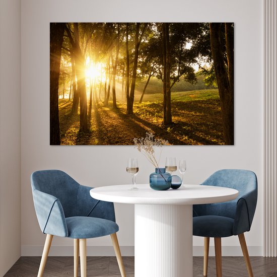 Le soleil d'automne se lève sur une forêt sombre Poster 120x80 cm - Tirage photo sur Poster (décoration murale salon / chambre)