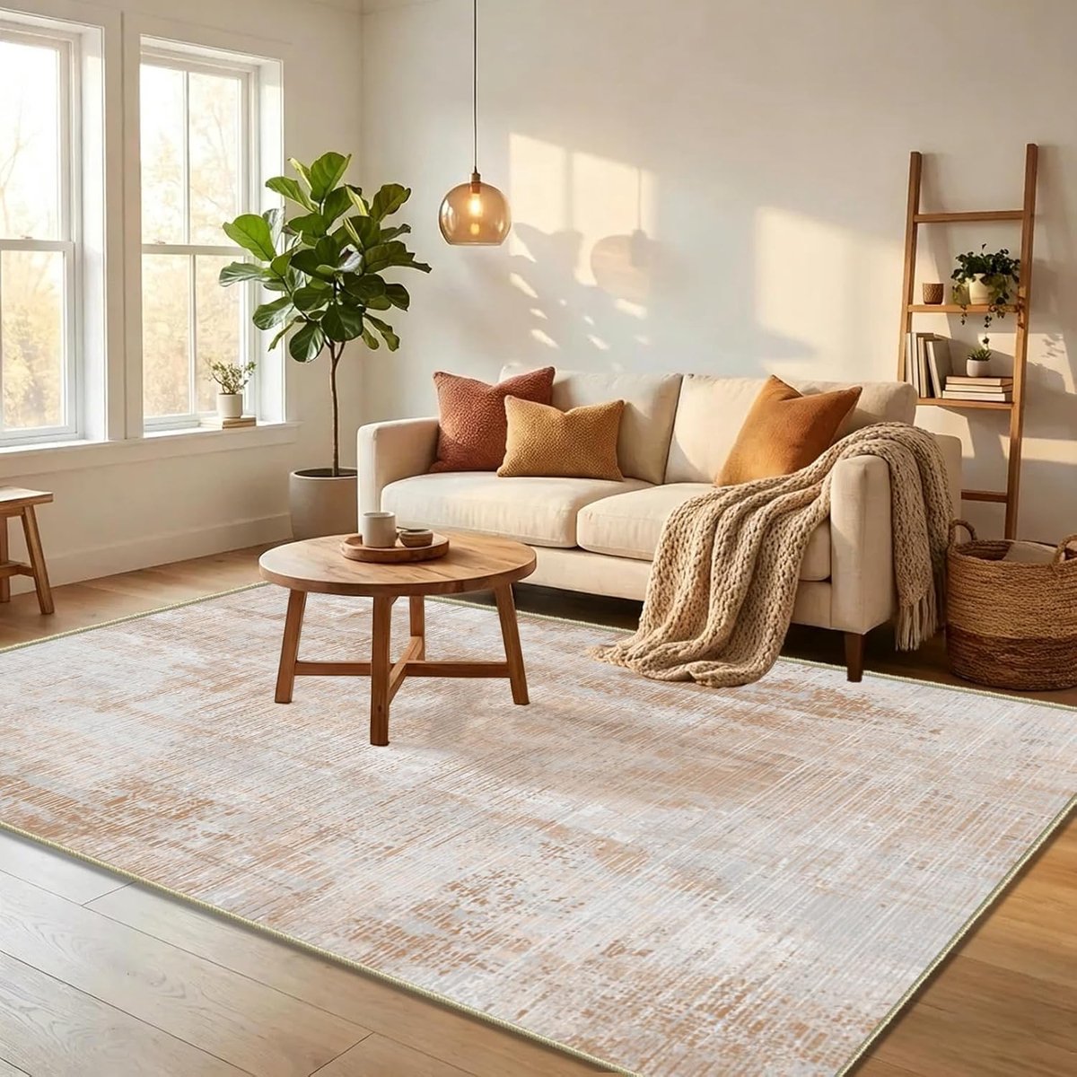 Beige Vloerkleed 140x200cm,Modern Abstract Tapijt,Zacht Kortpolig Kleed voor Woonkamer,Antislip Warm Design Mat,Stijlvol Camel Woonaccessoire