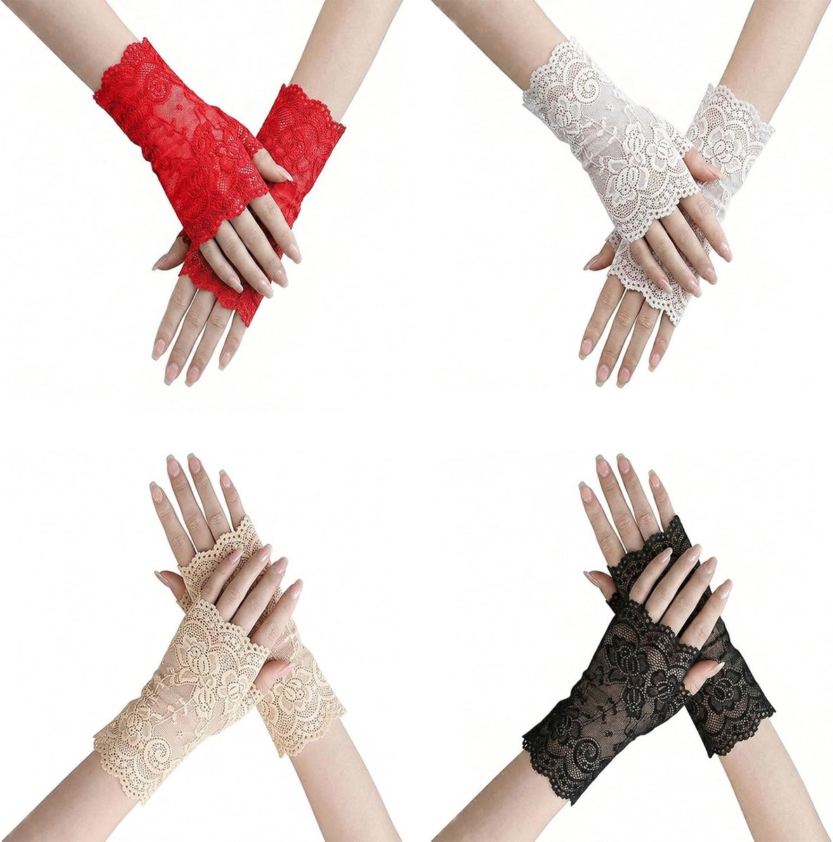 Handschoenen voor dames, vingerloze handschoenen, elegant, kort, wit, zwart, nude, rood, kostuumaccessoires voor bruiloft, theeparty, opera en carnaval