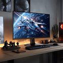 Een 27-inch KTC gaming monitor op een houten bureau, met een ruimteschip dat voor de aarde vliegt. Toont een gedetailleerde game-omgeving.