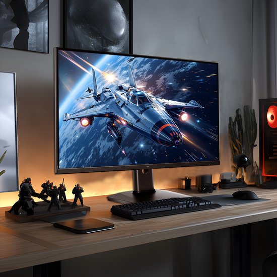 Een 27-inch KTC gaming monitor op een houten bureau, met een ruimteschip dat voor de aarde vliegt. Toont een gedetailleerde game-omgeving.