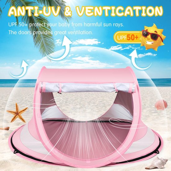 Strandtent voor baby’s, grote pop-up strandtent, draagbare reistent voor baby’s met muskietennet, binnenspeeltent voor baby’s, UPF 50+ UV-werende zonnetent voor baby’s — afbeelding 3