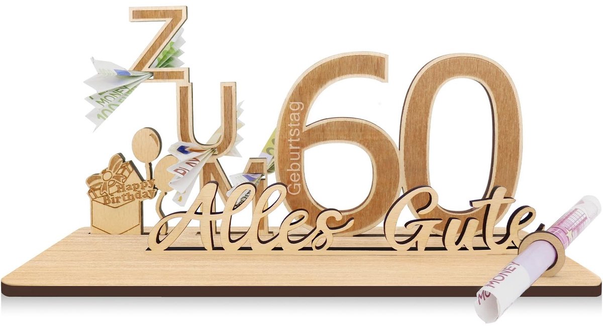 Dailygoods- Geldcadeau Houten Decoratie - Gepersonaliseerd Cadeau - 60e Verjaardag - Gastenboek - Duurzaam Hout - Handgemaakt