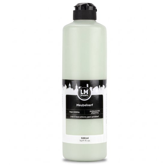 Fles LM-Kreativ meubelverf in eucalyptusgroen, 500 ml. Met label 'hoge dekking, professionele afwerking, 3-in-1: geen schuren, geen grondverf'.