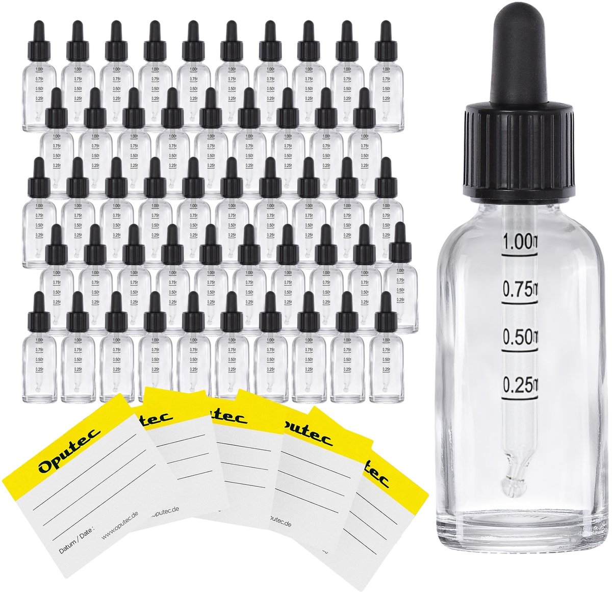 Oputec 50x 30ml pipetflesjes glas met schaalverdeling kindveilig lekvrij voor olie aroma en essenties nauwkeurig doseren