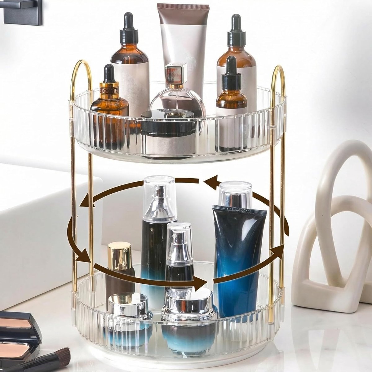 360° roterend, draaiende organizer voor cosmetica, huidverzorgingsproducten, parfum, kruiden, make-up, voor dressoir, slaapkamer, badkamer (2 lagen wit)