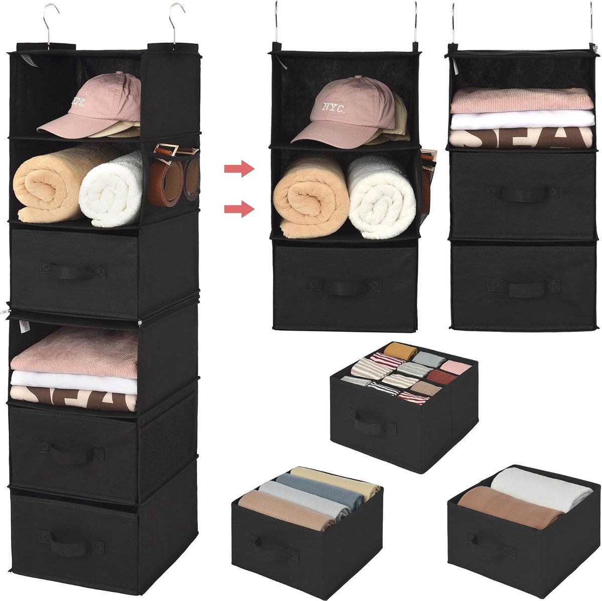 SAYS Hangende Organizer met 6 Vakken, Kledingkast Organizer Hangende, Hangkast Organizer met Zijvakken, Kast Organizer Opbergen en Organiseren, Kleding Organizer, Zwart, Hanging Closet Shelf