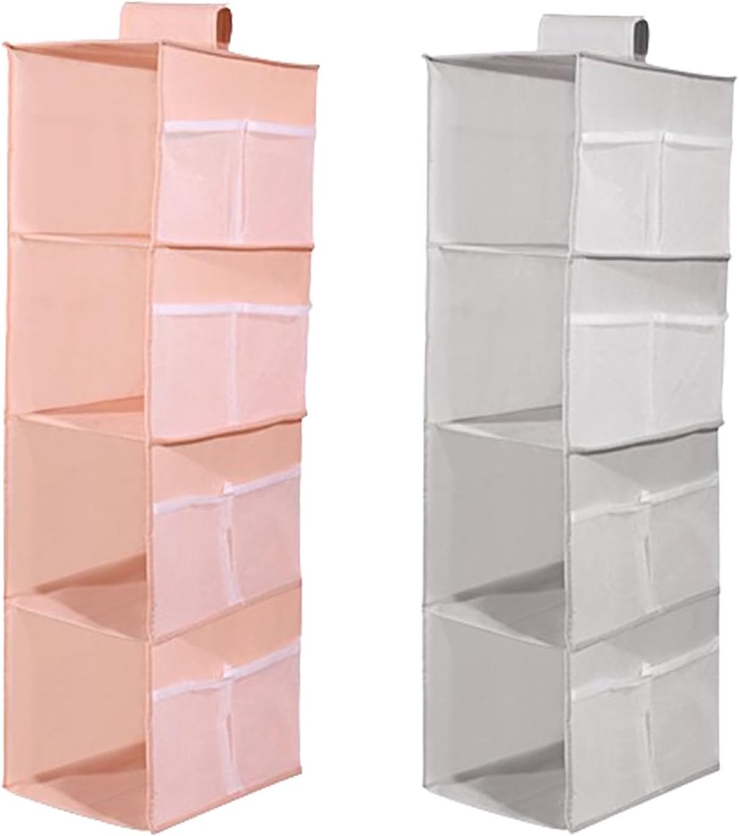 Hangplanken, kledingkast, 4 vakken, hangende organizer, kast, met 12 netvakken voor familiekast, slaapkamer, opvouwbaar en universele pasvorm (grijs en roze)