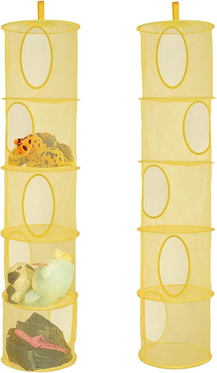 2 stuks opvouwbare hangopbergorganizer, 5 vakken, hangrek, mesh, hangende netopbergtas, knuffeldier, hangende mand voor kinderkamer, balkon (geel)