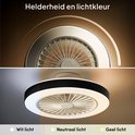 Close-up van plafondventilator die verschillende lichtkleuren toont: wit, neutraal en geel licht.