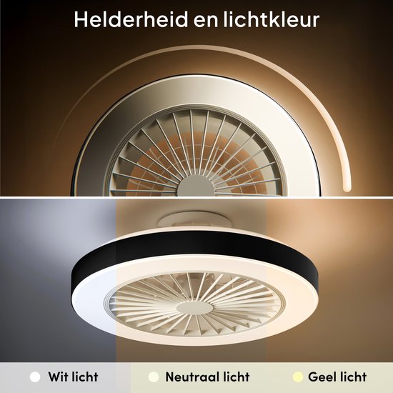 Close-up van plafondventilator die verschillende lichtkleuren toont: wit, neutraal en geel licht.