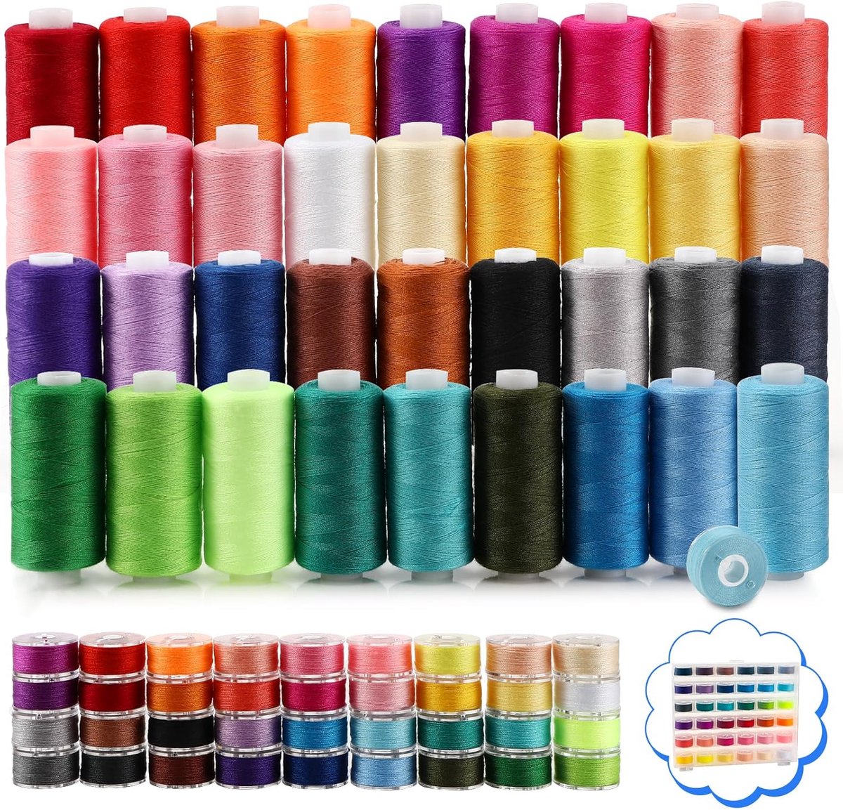 Naaigaren voor naaimachine, 72 stuks, 36 kleuren naaigaren voor naaimachine, 1000 meter per spoel, polyesterdraad voor naaimachine, naai-accessoires voor beginners, handnaaien en quilten, naaiset