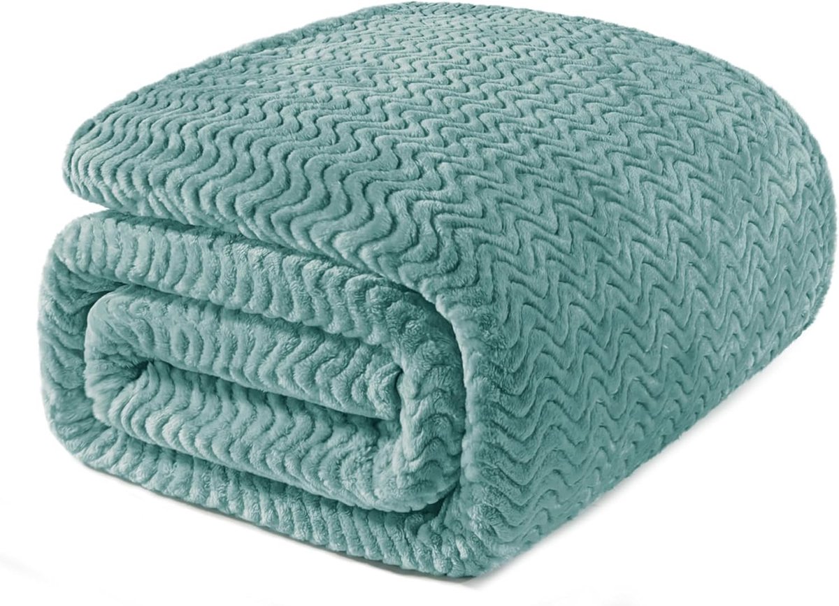 Mezcla Queen Size Jacquard Weave Wave Patroon Flanel Fleece Fluwelen Pluche Bed Deken als Sprei/Coverlet/Bed Cover (230x230cm, Celadon) - Zacht, Lichtgewicht, Warm en Gezellig