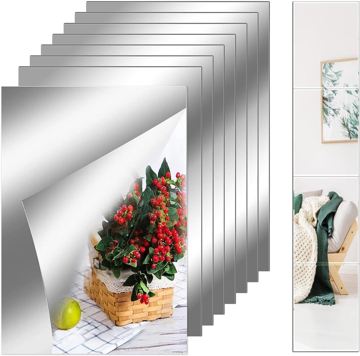 Dailygoods - 8 Stuks Zelfklevende Spiegel, 10x15cm groß Decoratieve Acryl Spiegel, Onbreekbare Flexibele Spiegelfolie, Zelfklevende Geen Glazen, Slanke Frameloze Voor Muur, Thuis, Woonkamer,Slaapkamer