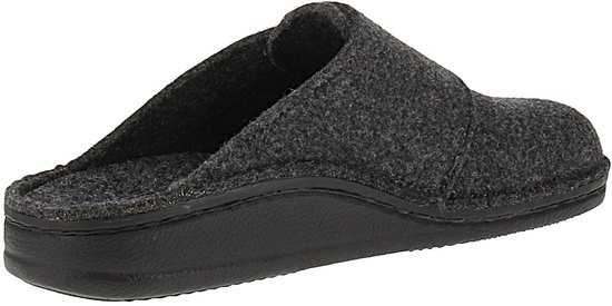 Antracietgrijze vilten slipper met opengewerkte voorkant en zwarte zool.