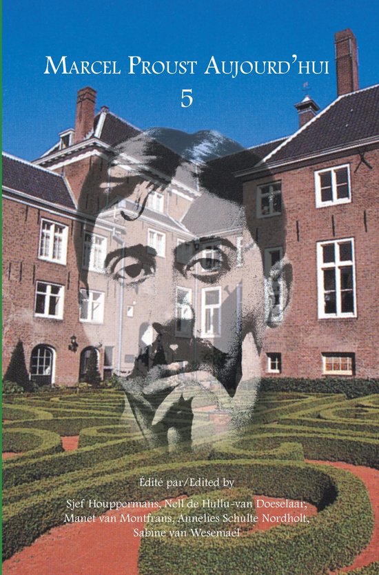 Double exposition d'une peinture de Marcel Proust avec un labyrinthe courbé et des bâtiments en briques en arrière-plan. Le titre 'Marcel Proust Aujourd'hui 5' est en haut.