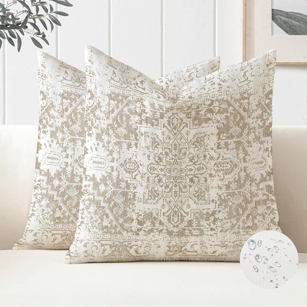 SnelShoppen - Kussenhoezen Set van 2, Beige, 50 x 50 cm, Waterdichte Bohemian Kussenslopen, Exotisch Indiaas Design, Retro Etno Decoratief voor Buiten