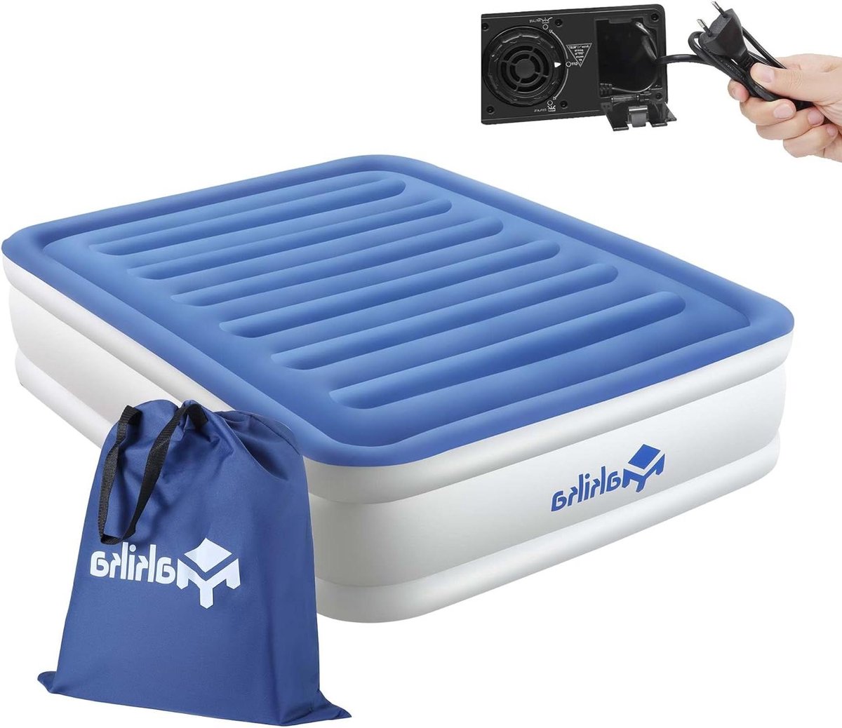 Luchtbed Zelfopblaasbaar - Elektrisch Luchtbed - Kamperen en Logeren - Snelle Inflatie - 203x152x51 cm - Blauw/Wit