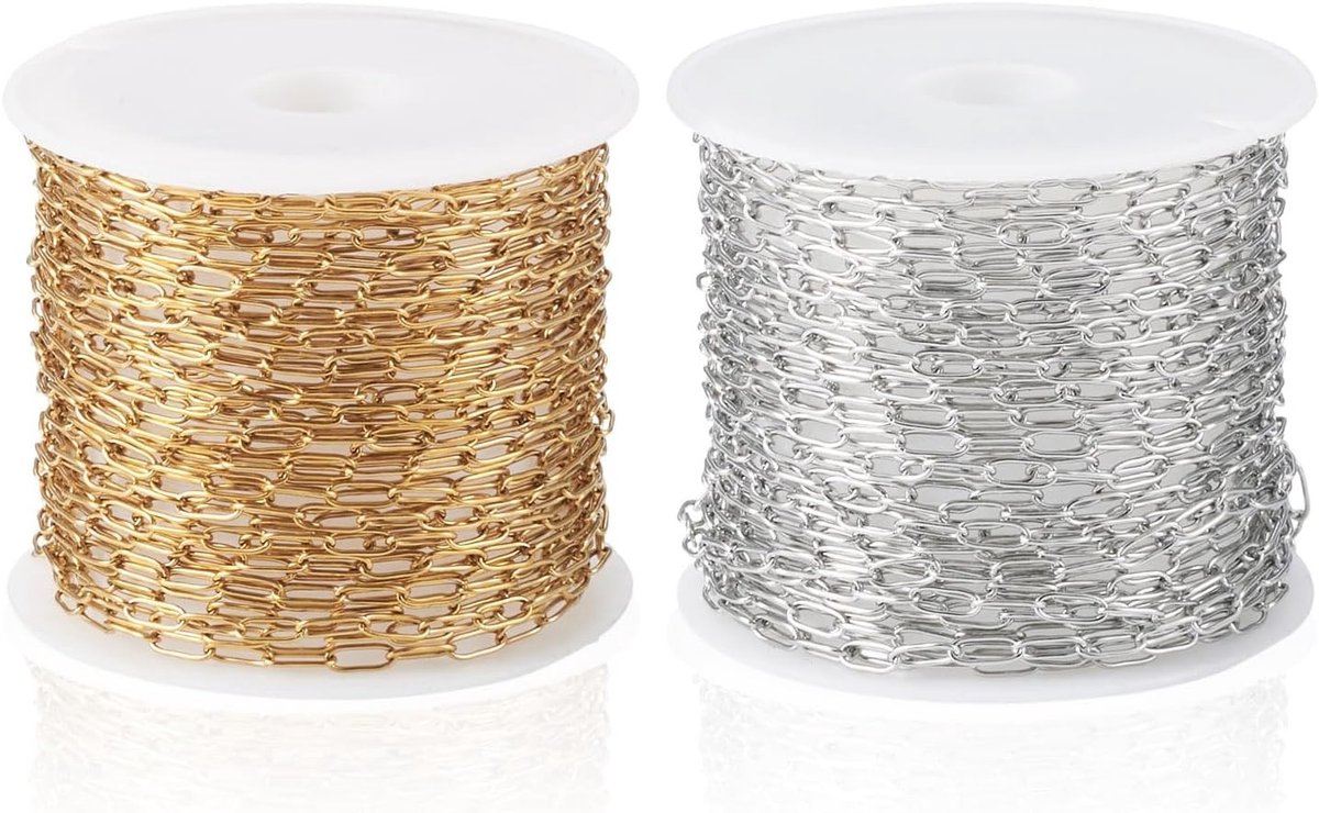 10m 2 Rollen RVS Paperclip Kettingen 5.5x2.2x0.5mm Gelaste Ovalen Link Metalen Kettingen voor DIY Armband, Ketting en Sieraden Creaties