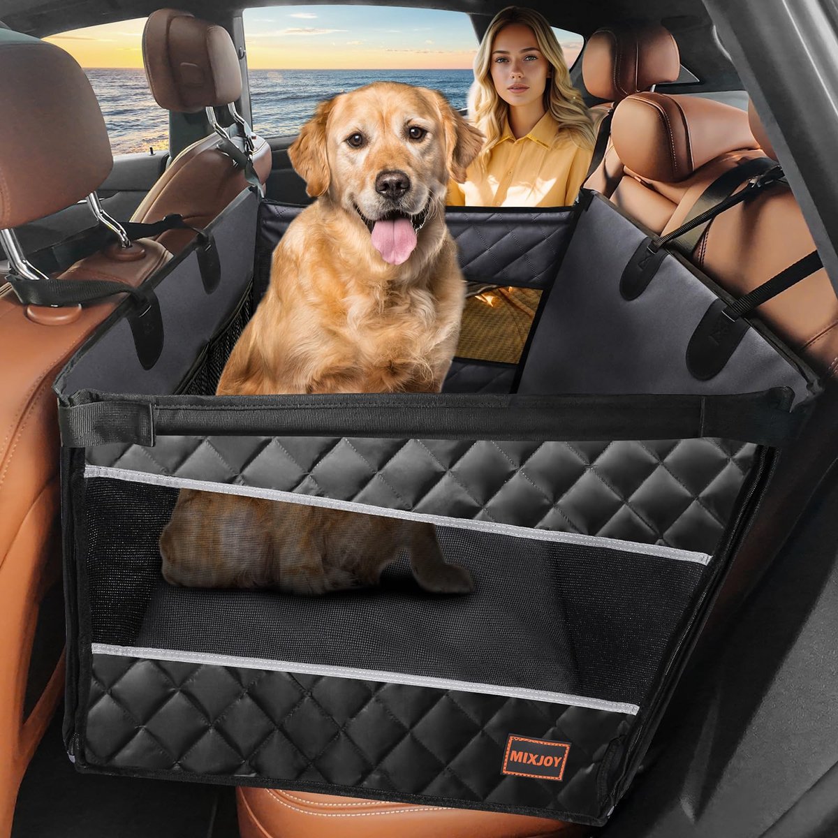 SnelShoppen - Hondenautostoel, waterdicht, antislip, extra stabiel, versterkte hondenstoel voor middelgrote en grote honden, achterbank met 4 bevestig