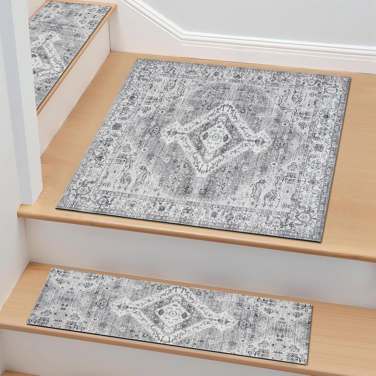 SnelShoppen - Antislip Hoekstuk Traptapijt 76 x 76 cm voor Binnen, Wasbaar en Herbruikbaar, Rubberen Trapbeschermer voor Huisdieren en Kinderen, Grijs