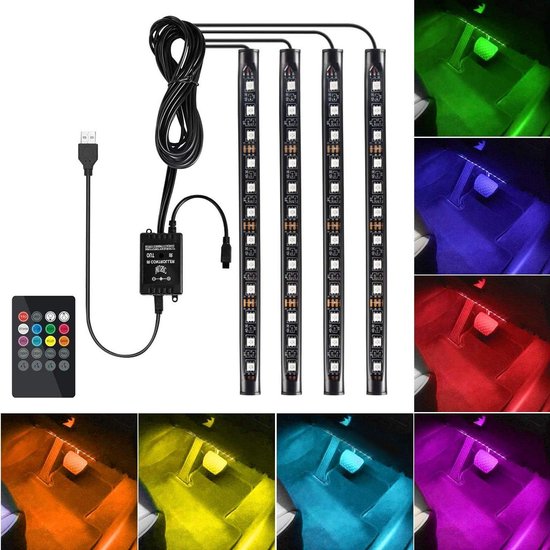 LED Sfeerlicht - Interieurverlichting Auto - Sfeerverhoging Binnen - 8 Kleuren & Muziekmodus - 4 Stuks - Zwart