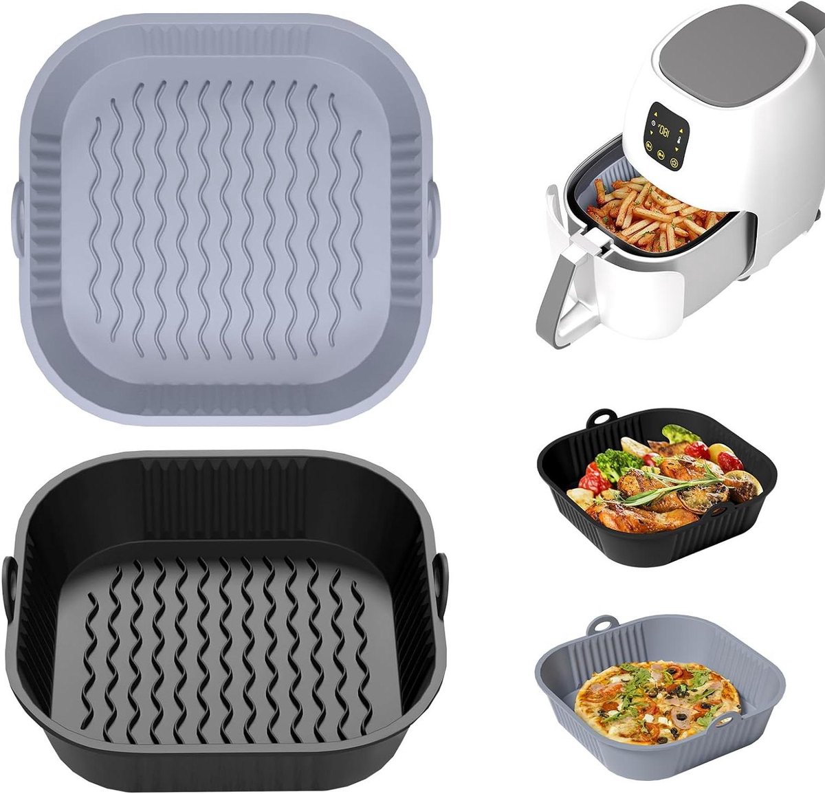 Siliconen Bakvorm - Airfryer Accessoires - Gezond Koken - Oliedrainage Ontwerp - 2 Stuks 21 cm - Grijs en Zwart