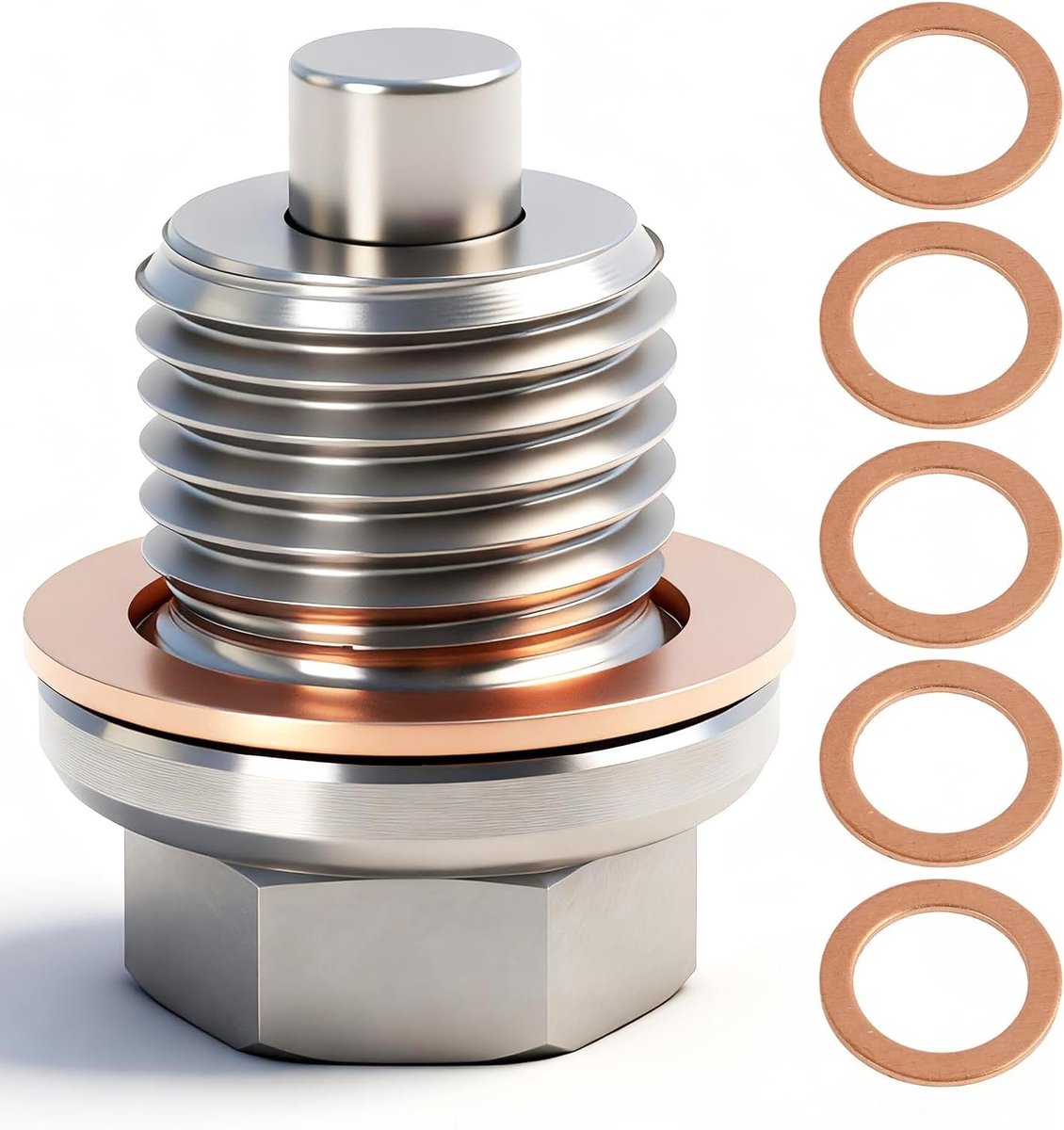 M14 x 1.5 Magnetische Olieafvoerschroef met 5 Koperen Dichtingen voor Motorolie, Herbruikbare Olieafvoerschroef voor Auto, Motor, Scooter en Boot