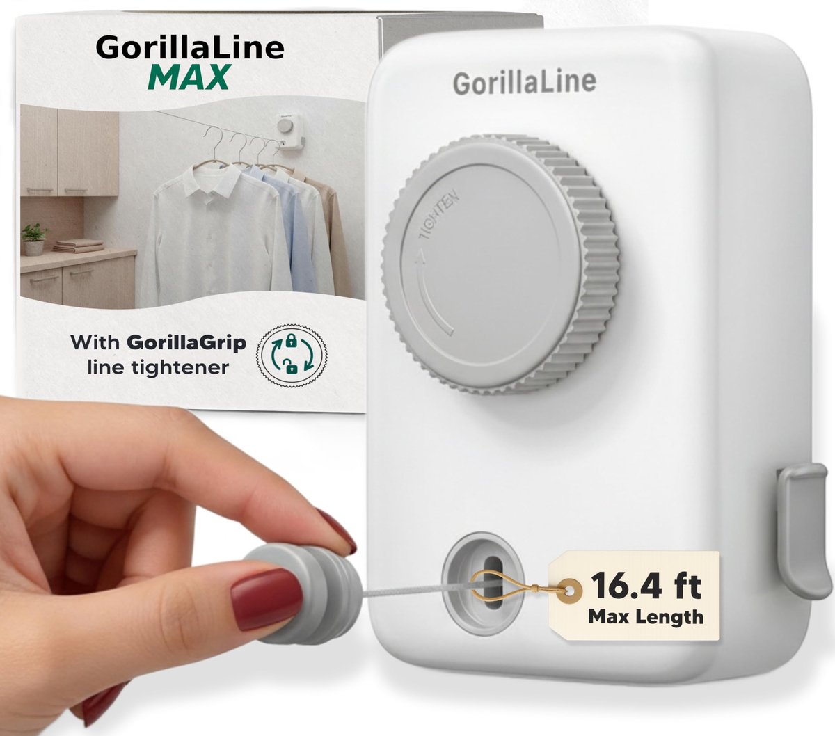 SnelShoppen - GorillaLine Max Intrekbare Waslijn voor Binnen en Buiten | Heavy Duty Wandmontage Kledinglijn met GorillaGrip Technologie | Ruimtebespar