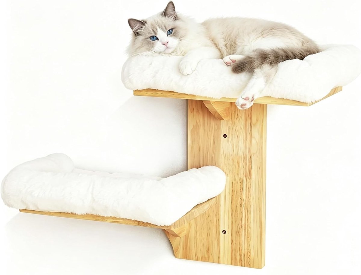 Klimwand voor katten met 2 platforms van massief grenenhout, wandmontage, sisalmat voor klimmen, spelen en uitrusten, veilige en duurzame kattenaccessoires