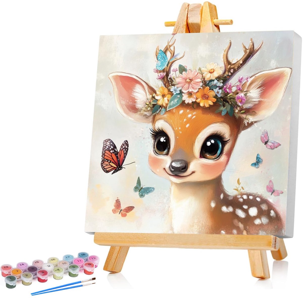 SnelShoppen - Schilderen op Nummer voor Kinderen - Hert met Lijst - Olieverfschilderij 20x20 cm - Creatief Verfset voor Kinderen 5-9 Jaar - Schattige