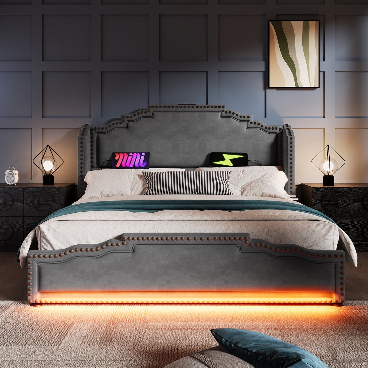 Polsterbed 180x200 cm Met 4 Lades En Ledverlichting Met Usb C Oplaadpunt Tweepersoonsbed Velours Grijs Zonder Matras
