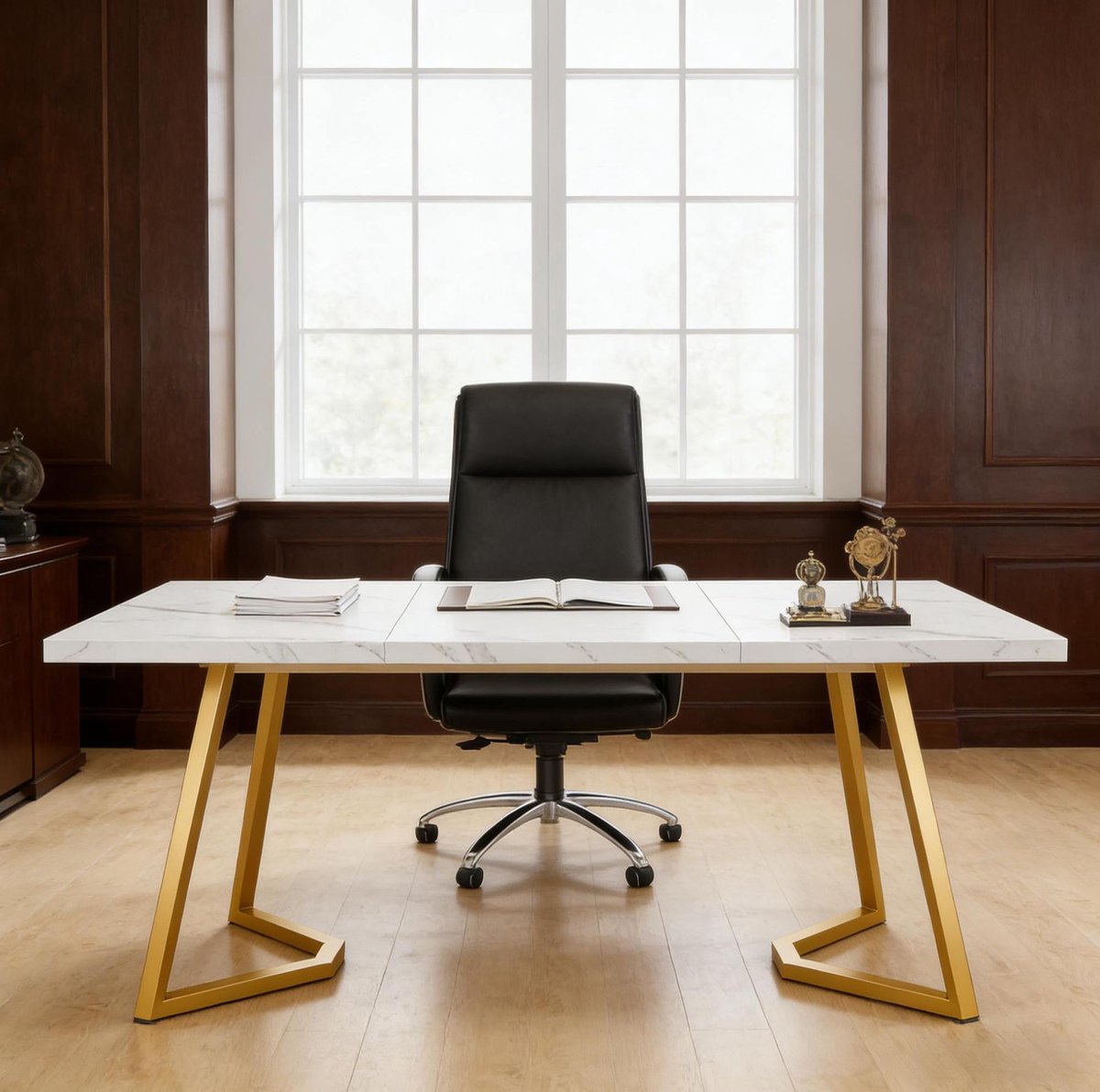 REDOM - Computertisch - Rechteckige Tischplatte in Marmorlook - Metallbeine - Modern - Home Office, Wohnzimmer, Büro - Holzwerkstoff en metaal - Goud en Wit - 140 x 80 x 75 cm