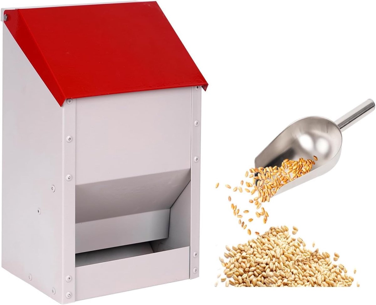 Automatische Voerdispenser voor Kippen en Eenden, Weerbestendig, Geen Verspilling, Met Deksel en Metalen Schep, Wandmontage, Geschikt voor Buitenkippenhok, 4.5kg Capaciteit