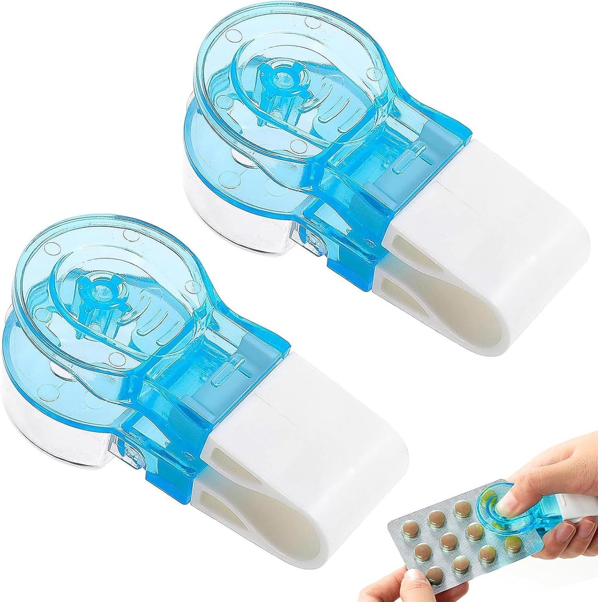 Draagbare Tablettenverdeler en Mini Pillendoos, 2 Stuks, Ideaal voor Medicijnen, Pillenopener en Swallowing Aid (Blauw)