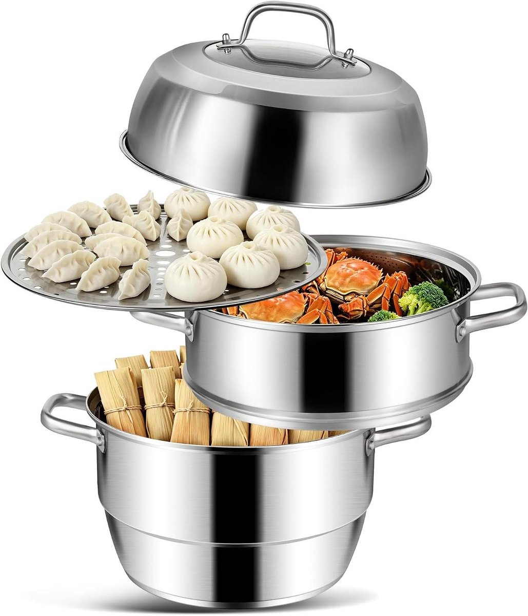 Inductie Stoompan Stoomkoker Roestvrijstaal Gezond Koken 3-laags Bodem 28 cm Diameter Zilver