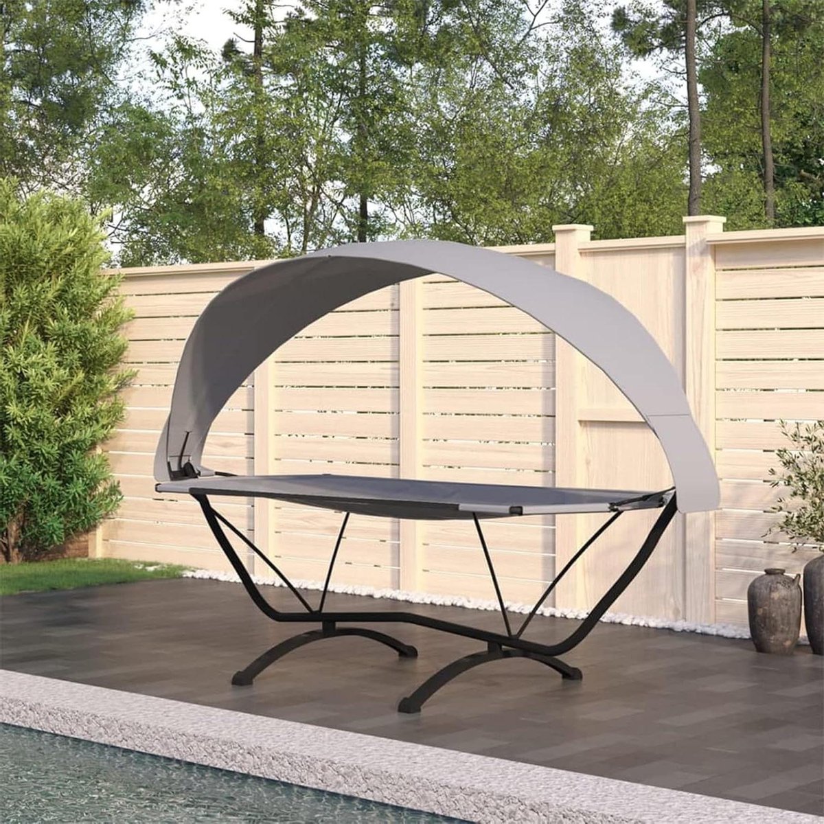 Zonnebed met dak - Opklapbare ligstoel - Ontspannen in tuin - Inclusief kussen - 119 x 54 cm - Grijs gestreept